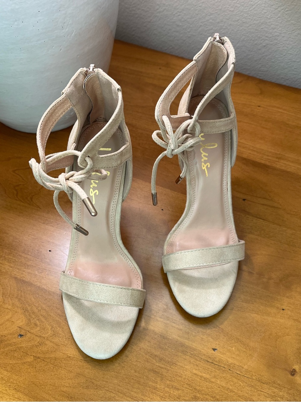 Lulu's Nude Ankle-Tie Stiletto Heels Size 7.5 - Picture 8 of 13